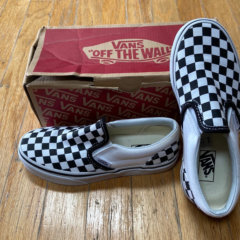 Checkered black white slip on vans! Wore once ! Almost new!